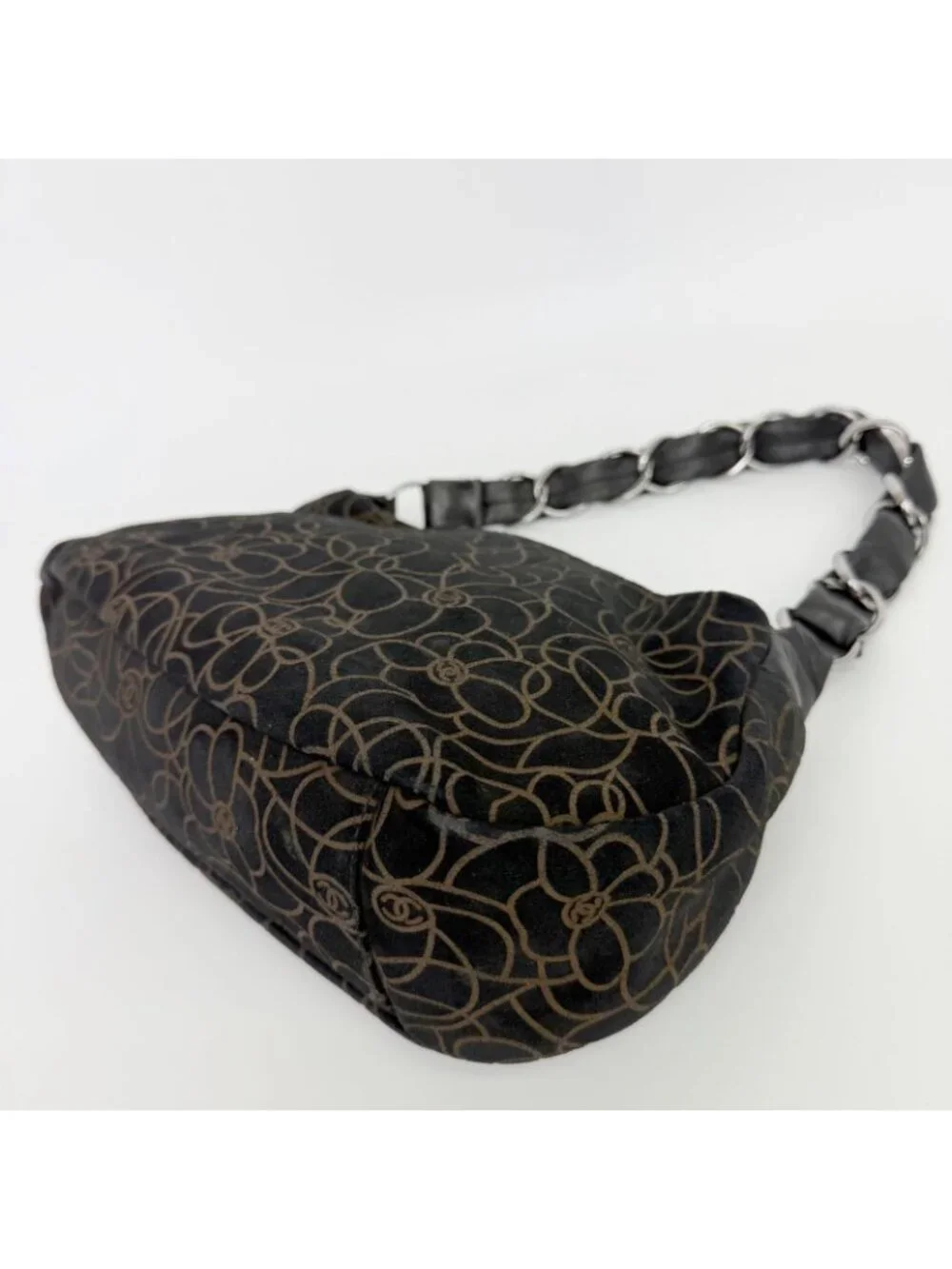 Chanel Camellia Print CC Logo Chain Shoulder Bag Suede Leather Black Silver